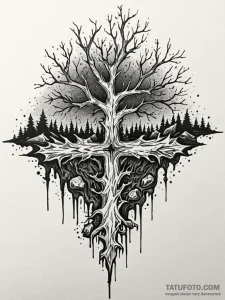 Jagged roots beneath burning sky, tattoo line... - эскиз тату (№1751966381_0, 08.07.2025 09:19) — Tatufoto.com