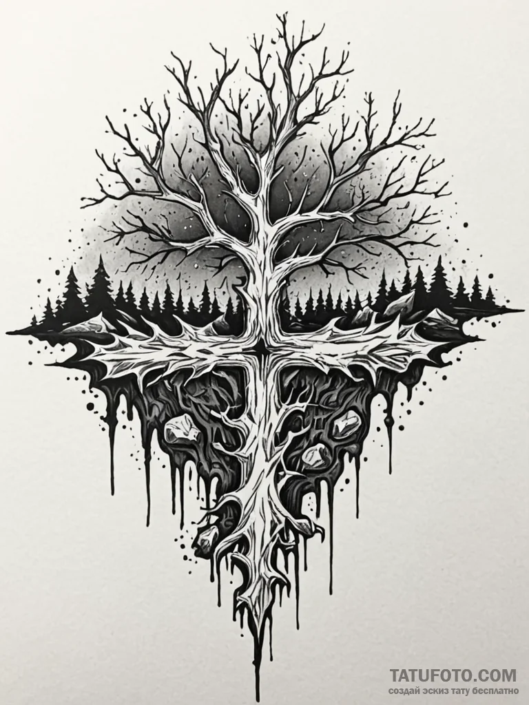 Jagged roots beneath burning sky, tattoo line... - эскиз тату (№1751966381_0, 08.07.2025 09:19) — Tatufoto.com