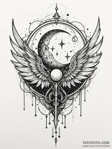 Glyph-covered wings beneath shattered moon, t... - эскиз тату (№1751968444_0, 08.07.2025 09:54) — Tatufoto.com