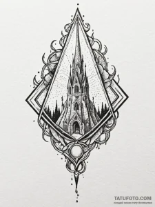 Trap sigil beneath burning spire, concept art... - эскиз тату (№1751968528_0, 08.07.2025 09:55) — Tatufoto.com