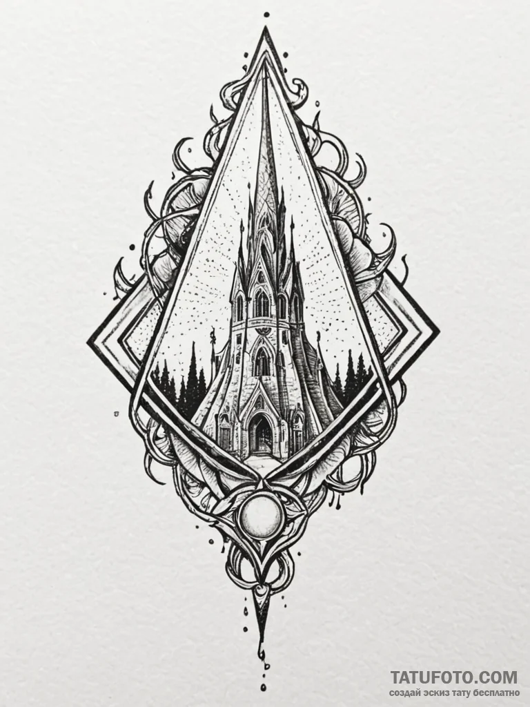 Trap sigil beneath burning spire, concept art... - эскиз тату (№1751968528_0, 08.07.2025 09:55) — Tatufoto.com