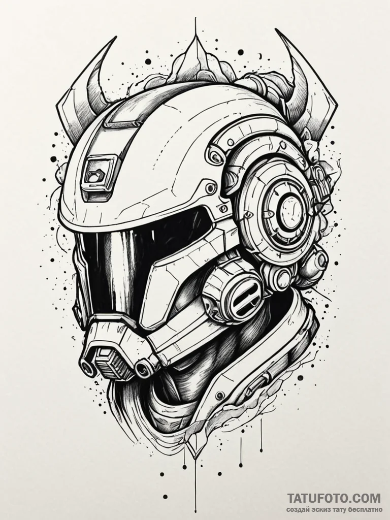 Space marine's helmet, visor cracked from a p... - эскиз тату (№1751968780_0, 08.07.2025 09:59) — Tatufoto.com