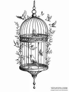 Open birdcage with birds flying out - эскиз тату (№1751969203_0, 08.07.2025 10:06) — Tatufoto.com