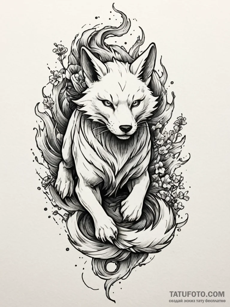 Kitsune (fox spirit) with nine glowing tails,... - эскиз тату (№1751969454_0, 08.07.2025 10:10) — Tatufoto.com