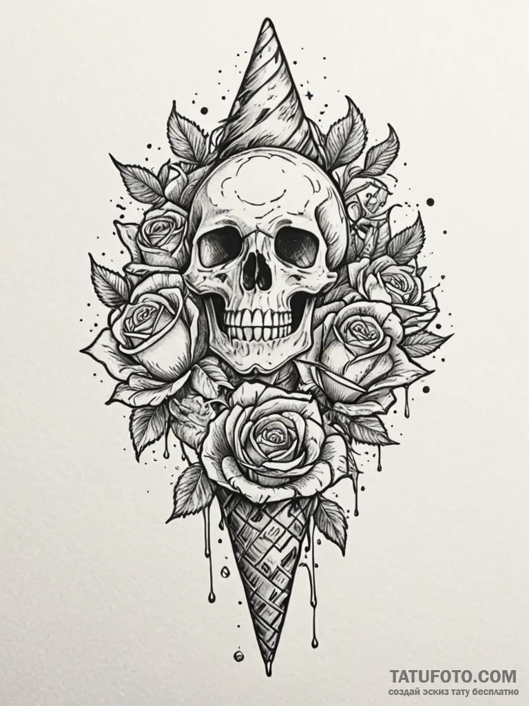 Ice cream cone, melting, scoop is a galaxy, c... - эскиз тату (№1751969620_0, 08.07.2025 10:13) — Tatufoto.com