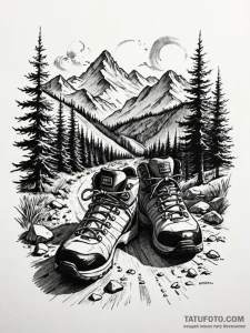 Hiking boot print on a mountain path, artisti... - эскиз тату (№1751970628_0, 08.07.2025 10:30) — Tatufoto.com