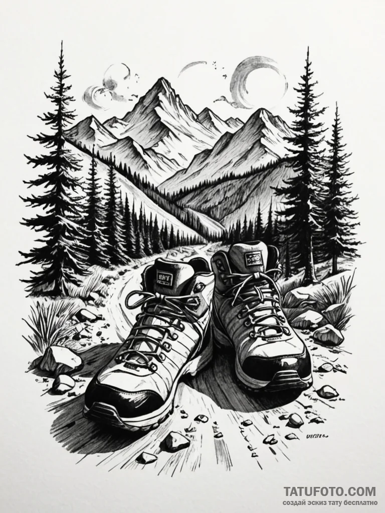 Hiking boot print on a mountain path, artisti... - эскиз тату (№1751970628_0, 08.07.2025 10:30) — Tatufoto.com