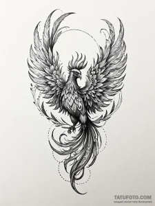 Ashen phoenix with metallic feathers, tattoo... - эскиз тату (№1751970712_0, 08.07.2025 10:31) — Tatufoto.com