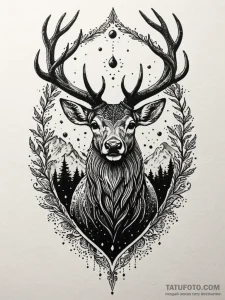 Angelic stag in stormy sky, ink illustration... - эскиз тату (№1751971131_0, 08.07.2025 10:38) — Tatufoto.com