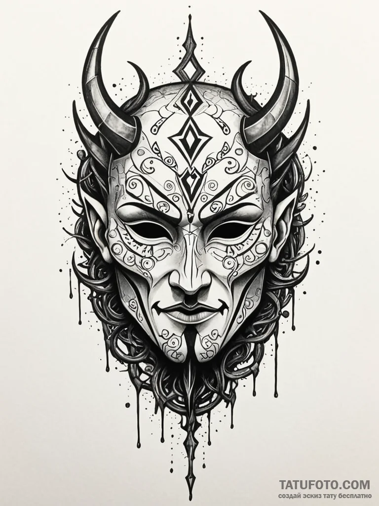 Mask cracked with runic scars, tattoo flash s... - эскиз тату (№1751972220_0, 08.07.2025 10:57) — Tatufoto.com