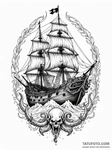 Pirate ship fighting a kraken, tattoo flash s... - эскиз тату (№1751972725_0, 08.07.2025 11:05) — Tatufoto.com