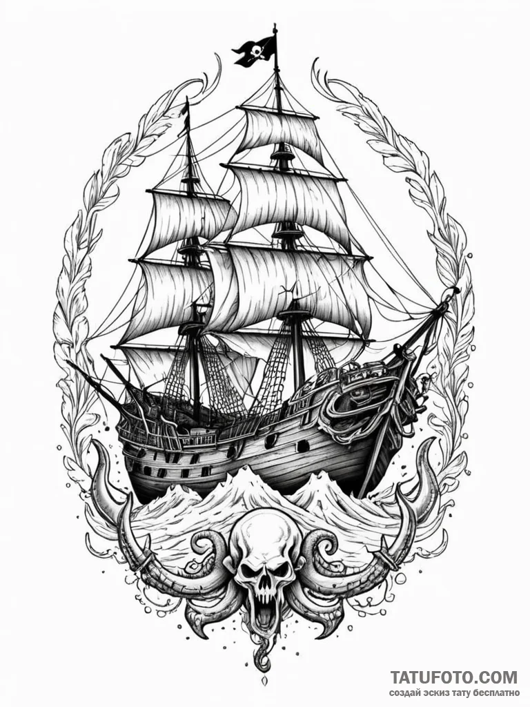 Pirate ship fighting a kraken, tattoo flash s... - эскиз тату (№1751972725_0, 08.07.2025 11:05) — Tatufoto.com