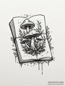 Decaying grimoire with mushrooms sprouting fr... - эскиз тату (№1751973230_0, 08.07.2025 11:13) — Tatufoto.com