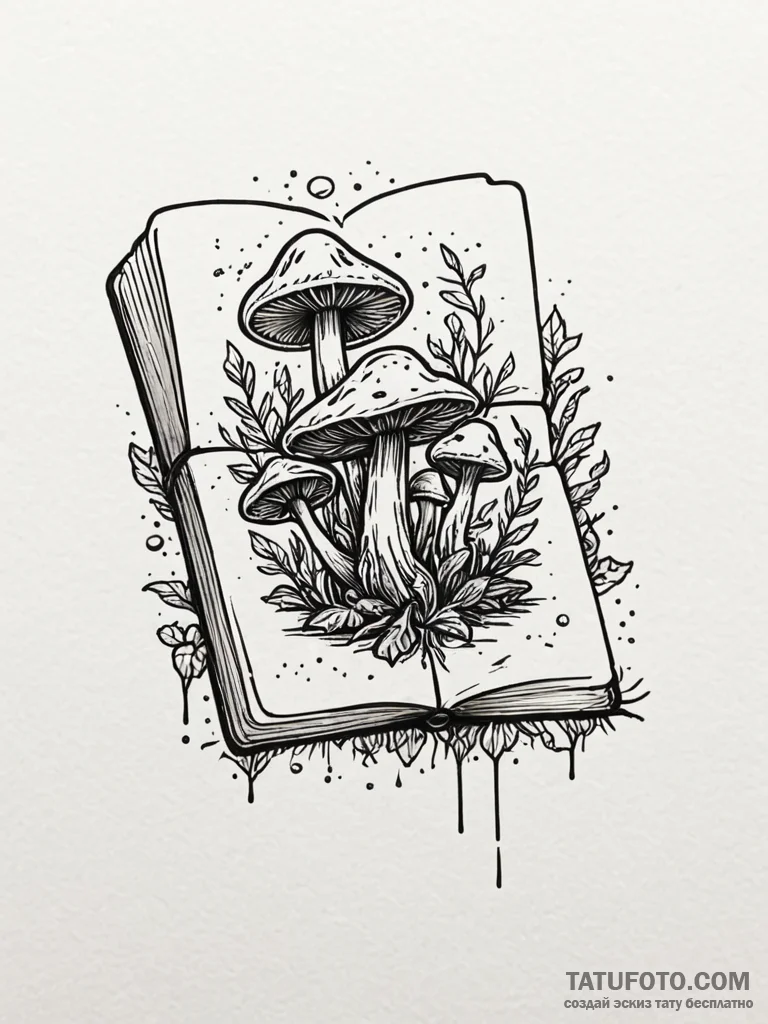 Decaying grimoire with mushrooms sprouting fr... - эскиз тату (№1751973230_0, 08.07.2025 11:13) — Tatufoto.com