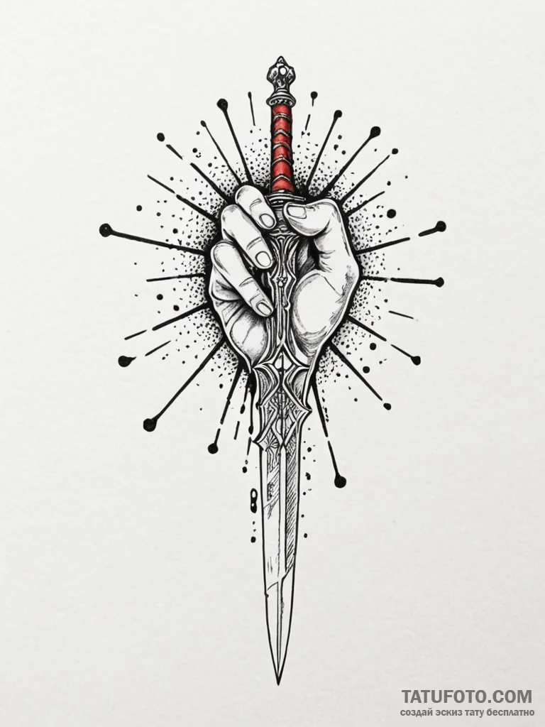 A human hand, holding a shattered sword, stil... - эскиз тату (№1751974117_0, 08.07.2025 11:28) — Tatufoto.com