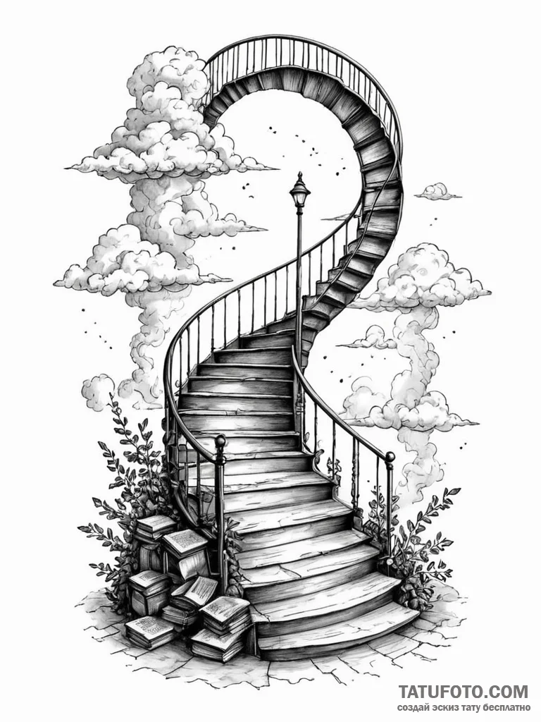 A staircase, spiraling upwards into the cloud... - эскиз тату (№1751974203_0, 08.07.2025 11:30) — Tatufoto.com