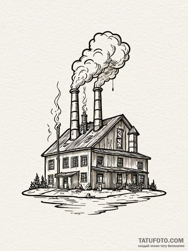 A simple outline of a factory with smoke comi... - эскиз тату (№1751974585_0, 08.07.2025 11:36) — Tatufoto.com