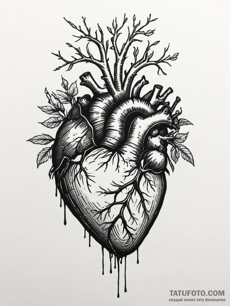 A human heart, with roots growing from it, pl... - эскиз тату (№1751976768_0, 08.07.2025 12:12) — Tatufoto.com