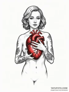 A woman holding a glowing, anatomical human h... - эскиз тату (№1751977957_0, 08.07.2025 12:32) — Tatufoto.com