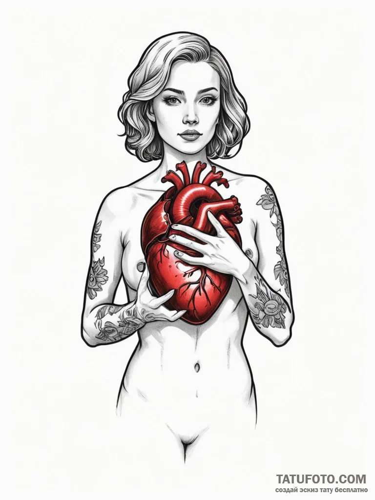 A woman holding a glowing, anatomical human h... - эскиз тату (№1751977957_0, 08.07.2025 12:32) — Tatufoto.com