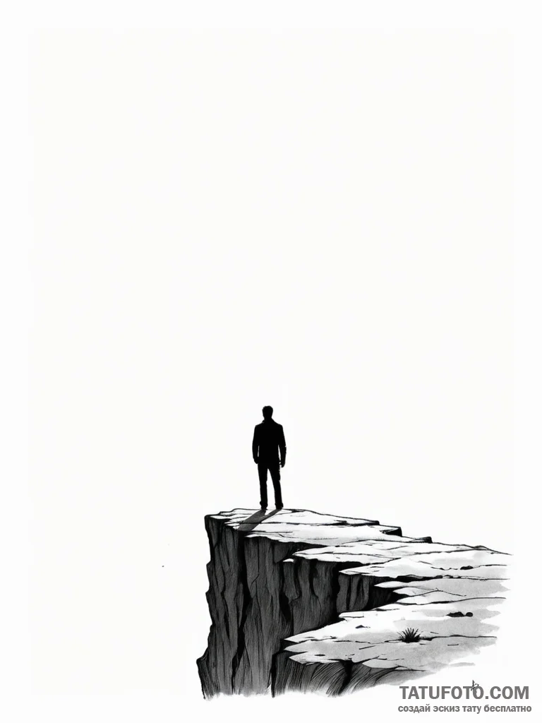 A human silhouette, standing on a cliff edge,... - эскиз тату (№1751985383_0, 08.07.2025 14:36) — Tatufoto.com