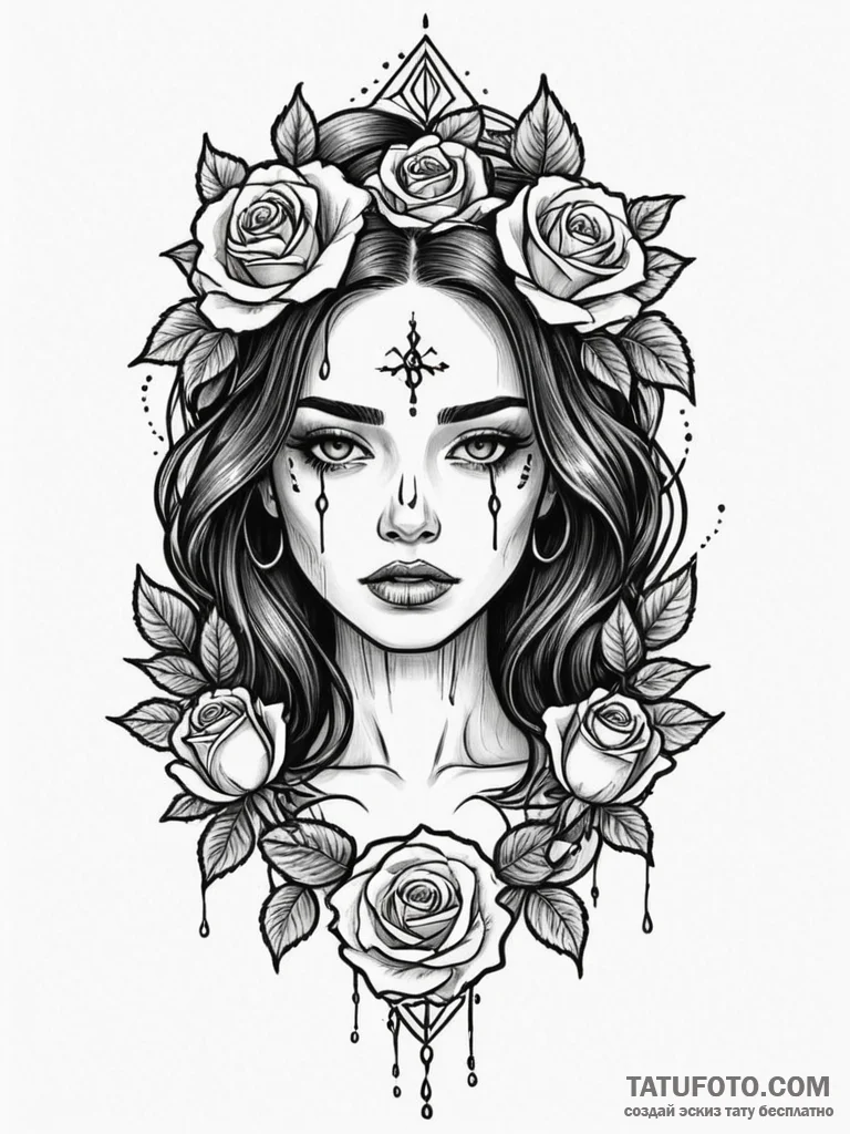 A girl whose tears are tiny, glowing runes, t... - эскиз тату (№1751986233_0, 08.07.2025 14:50) — Tatufoto.com
