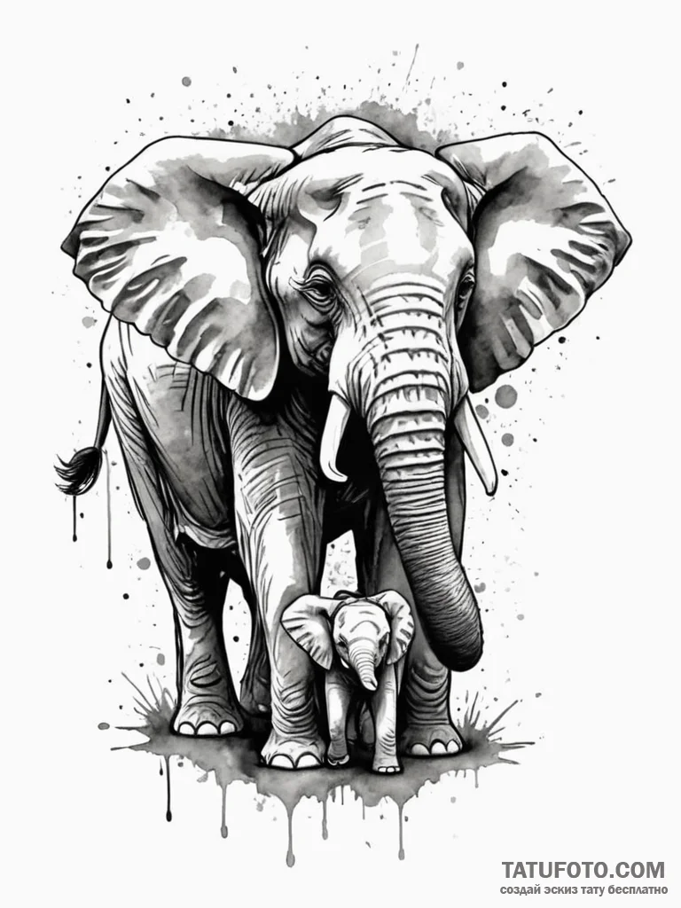 A beautiful, strong mother elephant, protecti... - эскиз тату (№1751986736_0, 08.07.2025 14:58) — Tatufoto.com