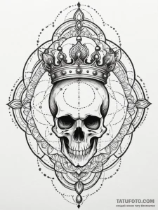 A skull wearing a crown of bullets, ink illus... - эскиз тату (№1751987737_0, 08.07.2025 15:15) — Tatufoto.com