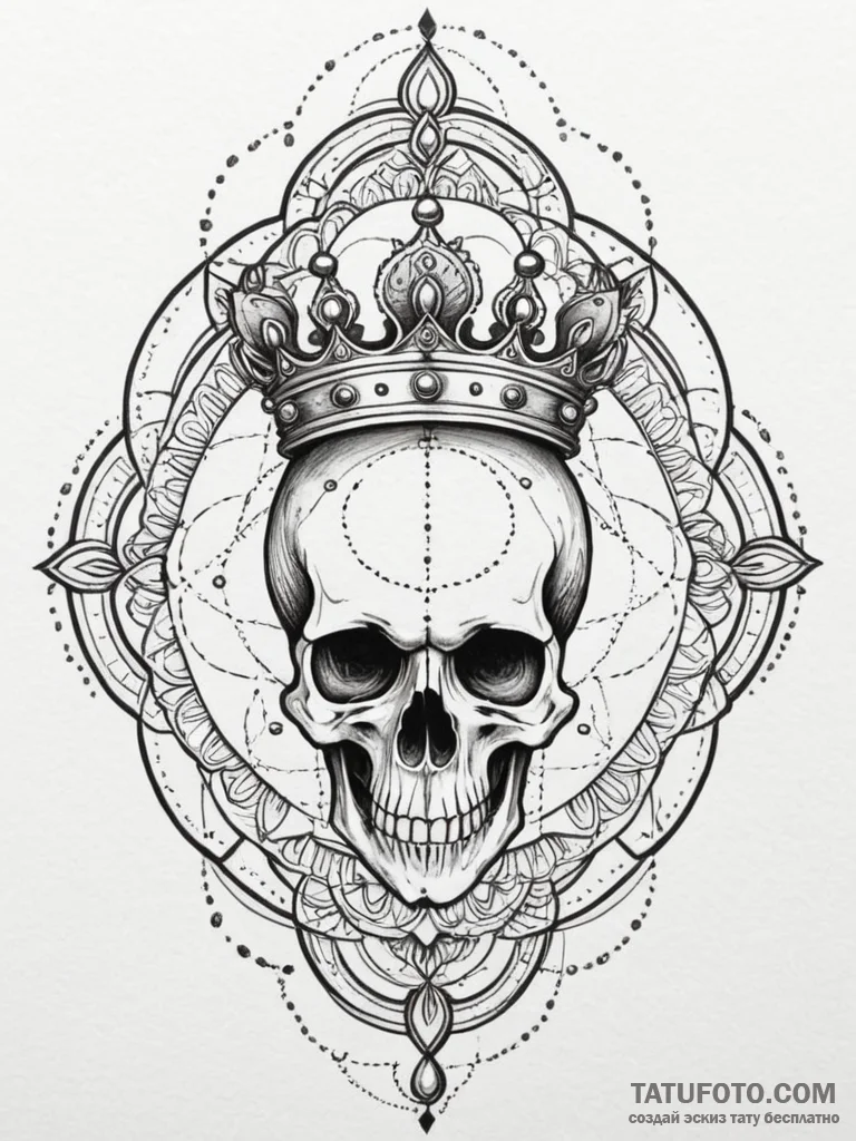 A skull wearing a crown of bullets, ink illus... - эскиз тату (№1751987737_0, 08.07.2025 15:15) — Tatufoto.com