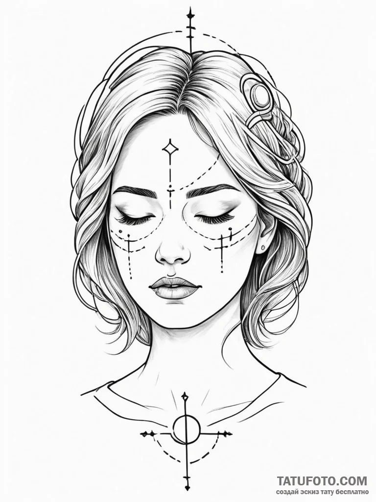 A woman whose eyes are closed, with a univers... - эскиз тату (№1751988573_0, 08.07.2025 15:29) — Tatufoto.com