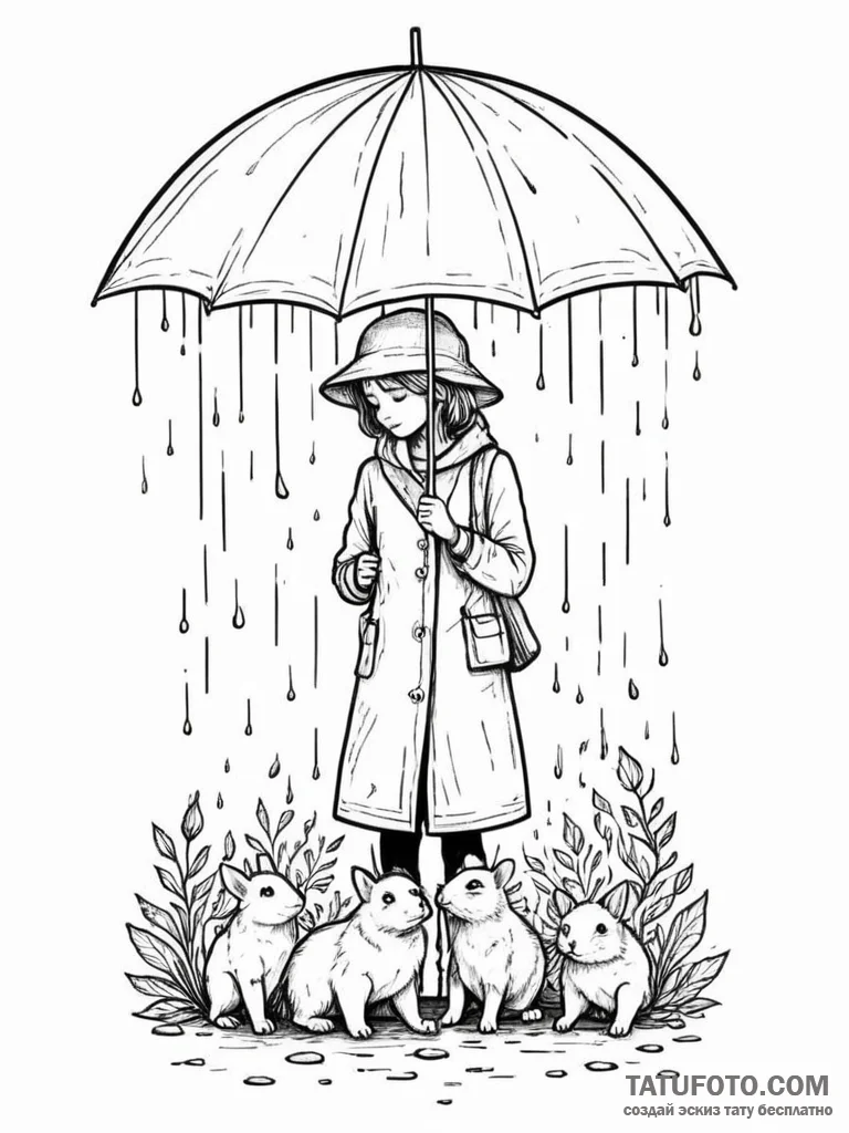 A single person, holding a large umbrella ove... - эскиз тату (№1751988656_0, 08.07.2025 15:30) — Tatufoto.com