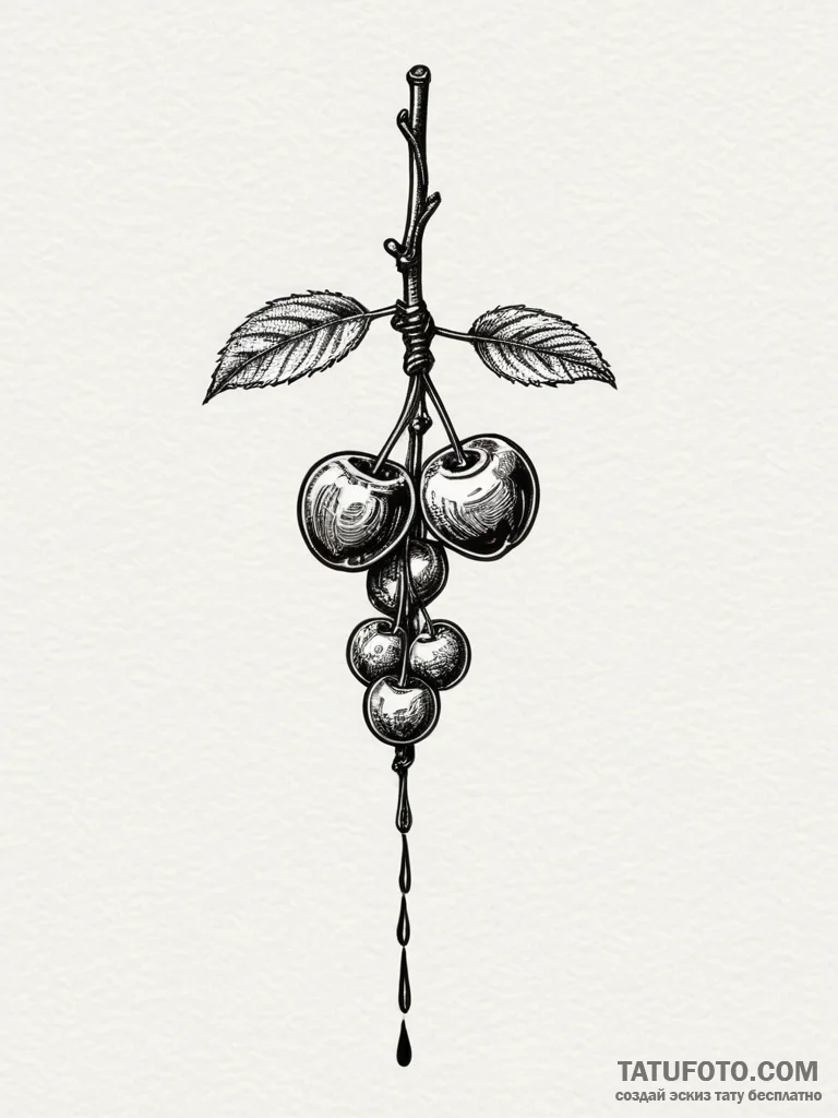 A single, perfect cherry, its stem is tied in... - эскиз тату (№1751988740_0, 08.07.2025 15:32) — Tatufoto.com