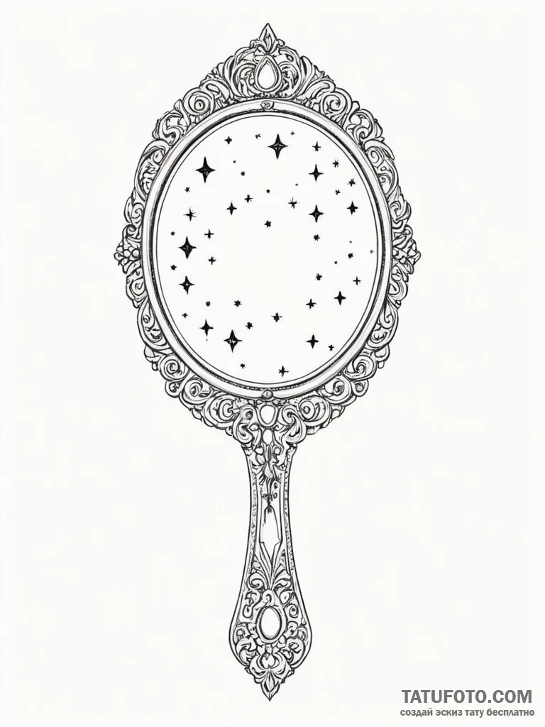 A beautiful, ornate hand mirror, reflecting a... - эскиз тату (№1751989909_0, 08.07.2025 15:51) — Tatufoto.com