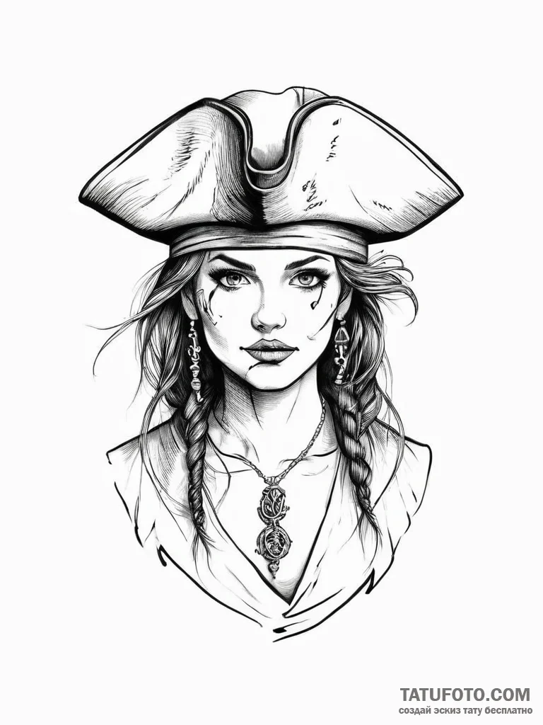A female pirate with a tricorn hat and a misc... - эскиз тату (№1751996438_0, 08.07.2025 17:40) — Tatufoto.com
