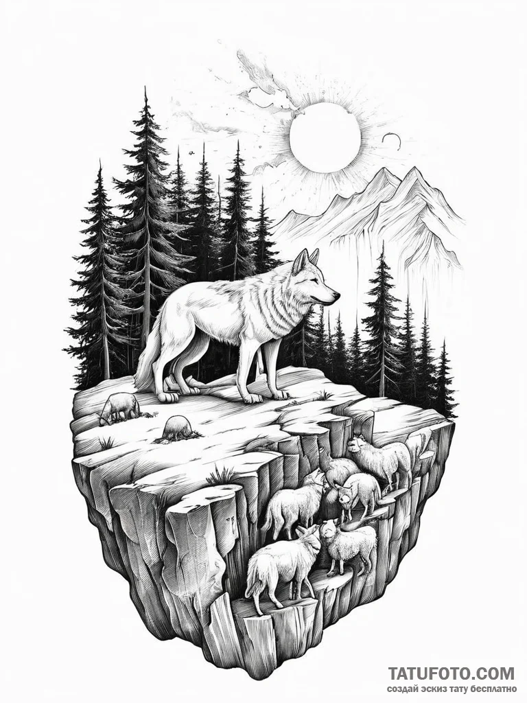 A wolf, leading a flock of sheep off a cliff - эскиз тату (№1751997465_0, 08.07.2025 17:57) — Tatufoto.com