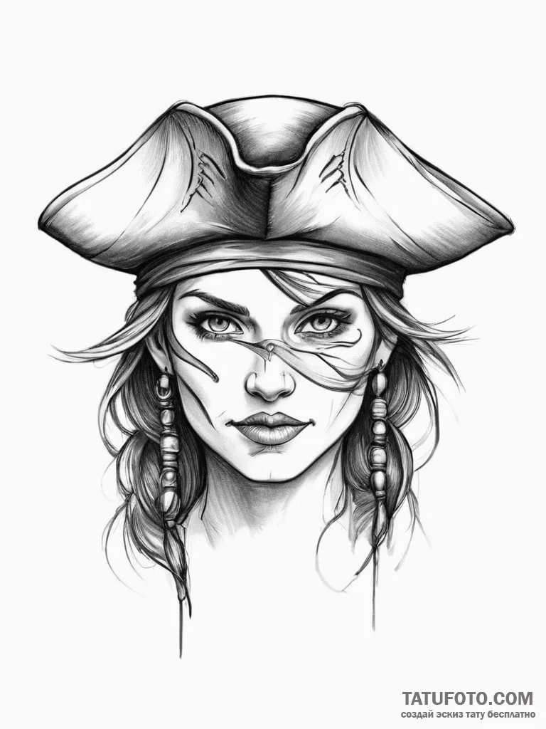 A female pirate with a tricorn hat and a misc... - эскиз тату (№1751998049_0, 08.07.2025 18:07) — Tatufoto.com