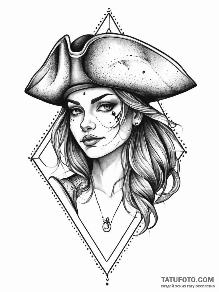 A female pirate with a tricorn hat and a misc... - эскиз тату (№1751998635_0, 08.07.2025 18:17) — Tatufoto.com