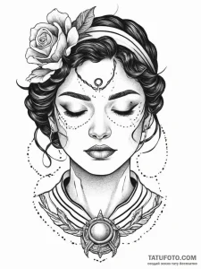 A woman whose eyes are closed, with a univers... - эскиз тату (№1751998718_0, 08.07.2025 18:18) — Tatufoto.com