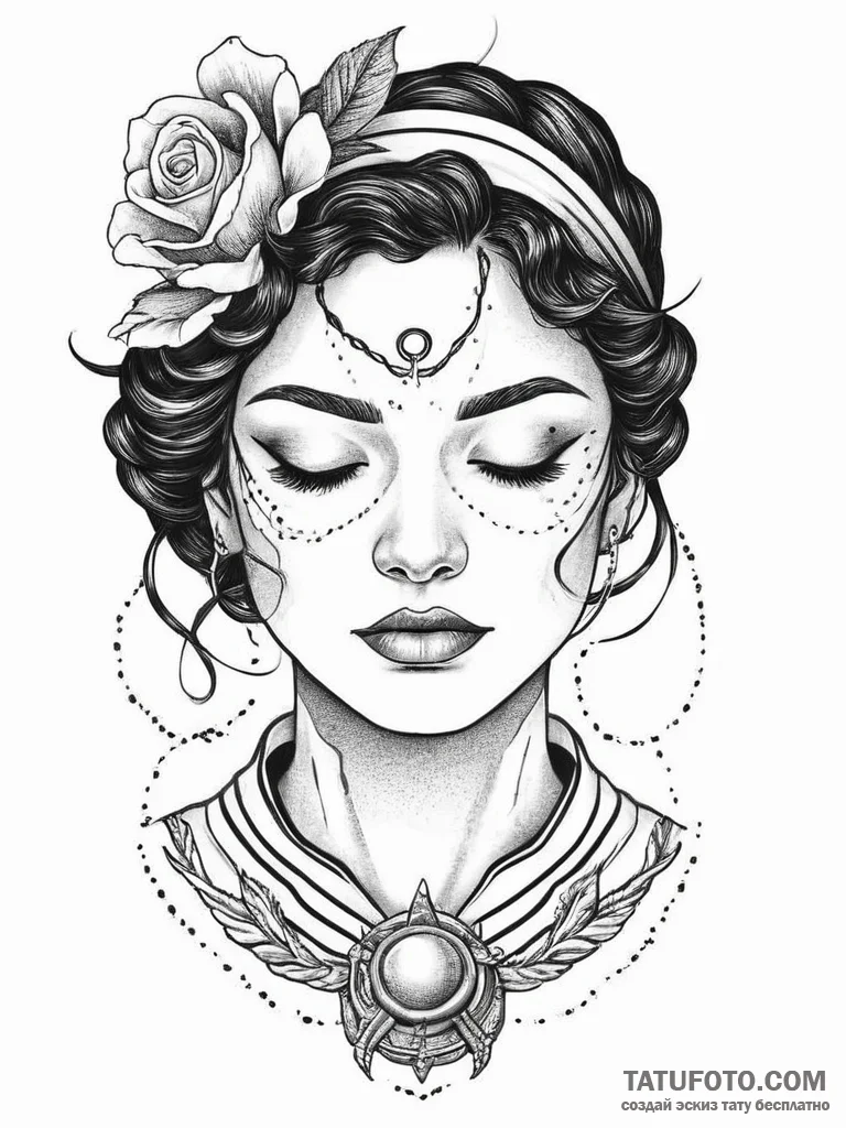A woman whose eyes are closed, with a univers... - эскиз тату (№1751998718_0, 08.07.2025 18:18) — Tatufoto.com