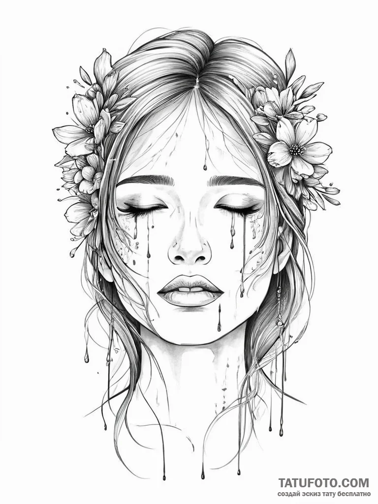 A woman whose tears are tiny, colorful flower... - эскиз тату (№1751999050_0, 08.07.2025 18:24) — Tatufoto.com