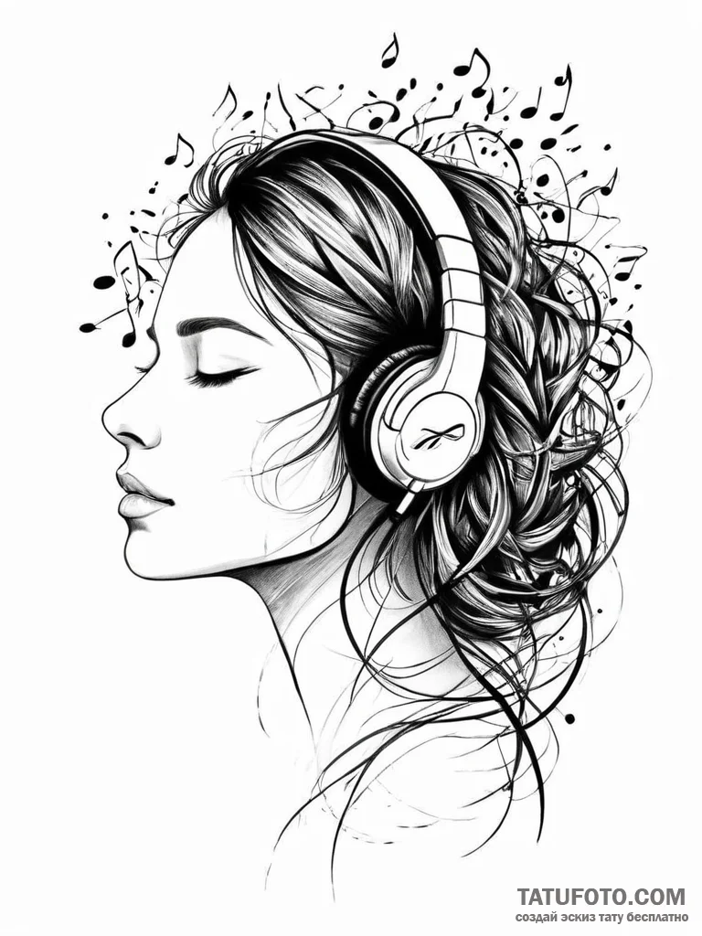A girl wearing headphones, music notes flowin... - эскиз тату (№1751999713_0, 08.07.2025 18:35) — Tatufoto.com