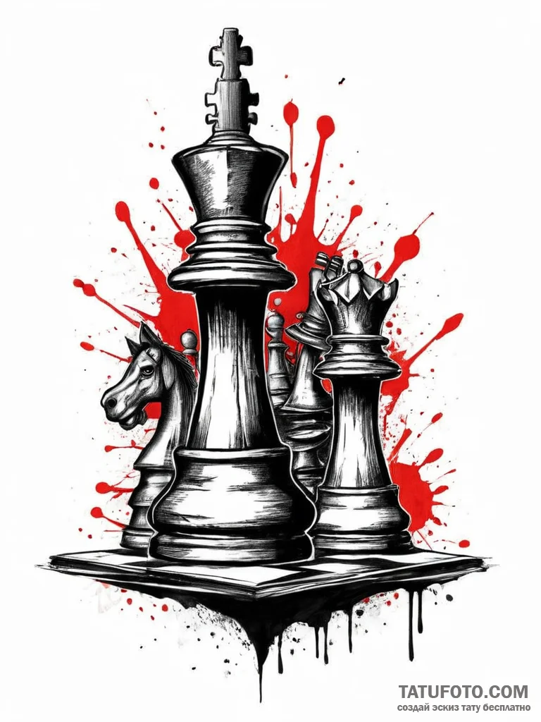 A chess board, in a state of chaos, with piec... - эскиз тату (№1751999880_0, 08.07.2025 18:38) — Tatufoto.com