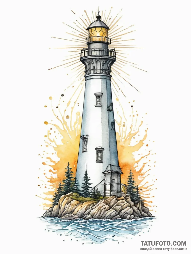 A lighthouse, its light beam is a soft, yello... - эскиз тату (№1752000794_0, 08.07.2025 18:53) — Tatufoto.com