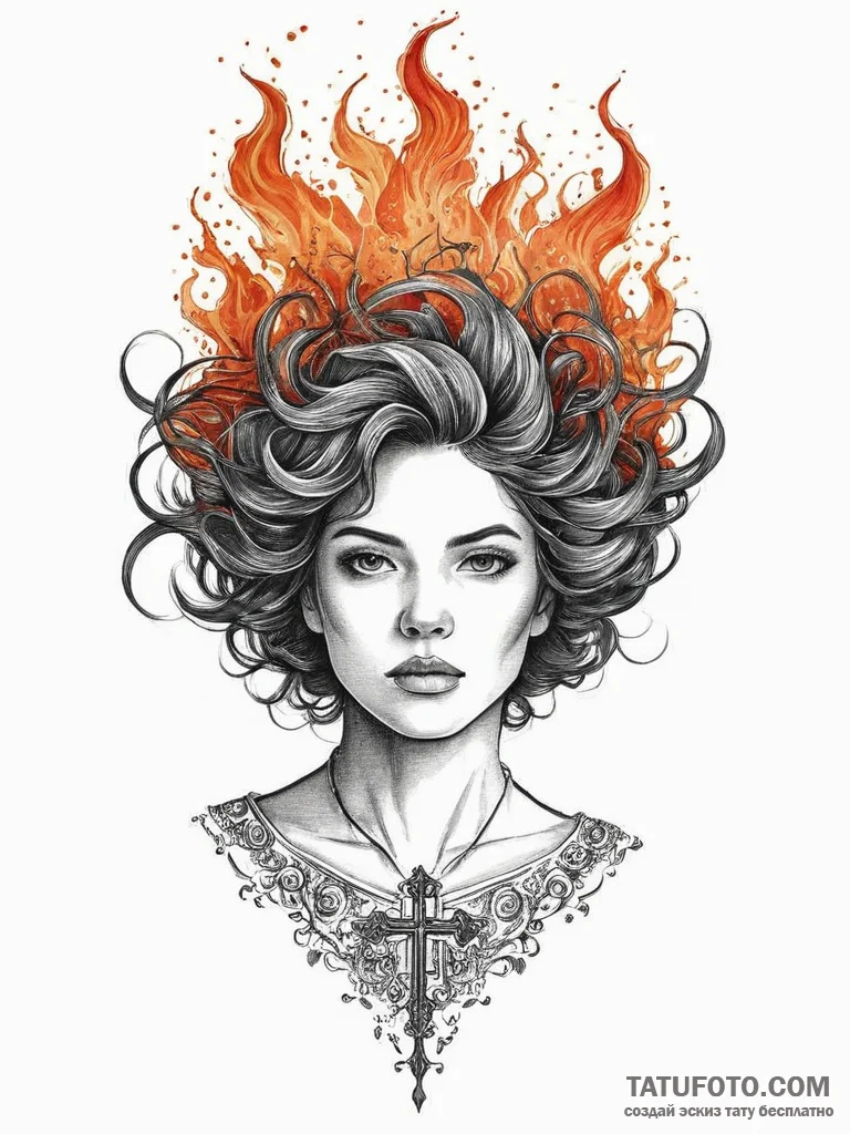 A woman whose hair is a fiery explosion, arti... - эскиз тату (№1752001543_0, 08.07.2025 19:05) — Tatufoto.com