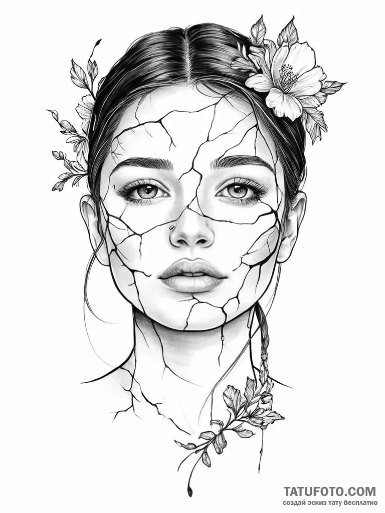 A woman's portrait, her skin is cracked like... - эскиз тату (№1752001874_0, 08.07.2025 19:11) — Tatufoto.com