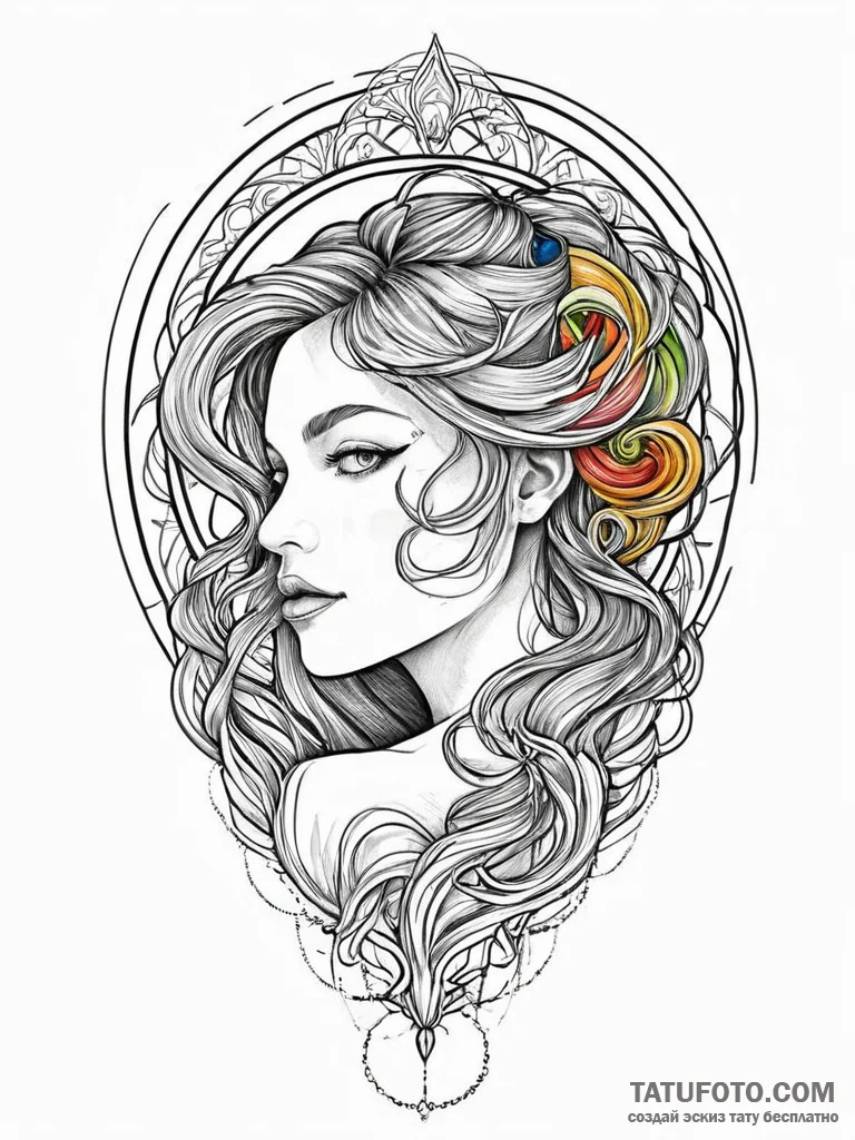 A woman whose hair is a rainbow, tattoo sketc... - эскиз тату (№1752002799_0, 08.07.2025 19:26) — Tatufoto.com
