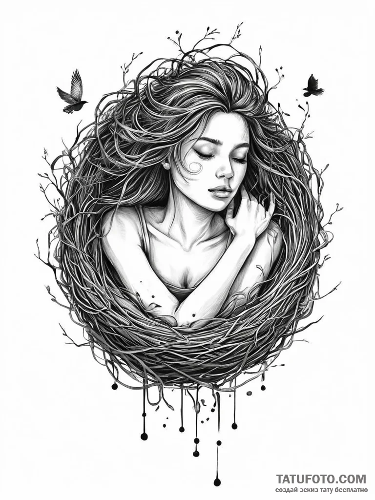 A woman whose hair is a nest for tiny, glowin... - эскиз тату (№1752005524_0, 08.07.2025 20:12) — Tatufoto.com