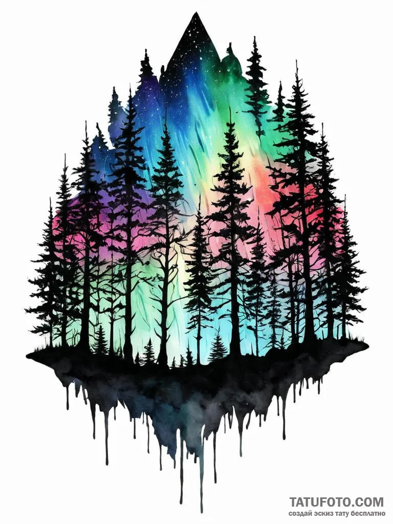 A silhouette of a forest treeline, with a vib... - эскиз тату (№1752006801_0, 08.07.2025 20:33) — Tatufoto.com