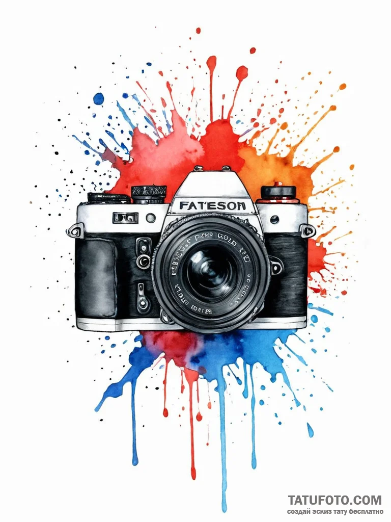 A realistic camera, its lens is cracked, and... - эскиз тату (№1752008250_0, 08.07.2025 20:57) — Tatufoto.com