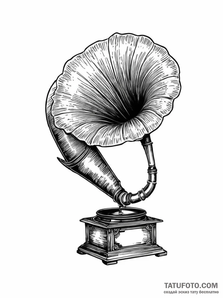 A beautiful, ornate antique gramophone, tatto... - эскиз тату (№1752008506_0, 08.07.2025 21:01) — Tatufoto.com
